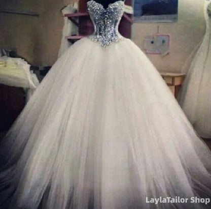 Luxury White Tulle Wedding Dresses Pearl Beaded Sweetheart Bridal Gown
