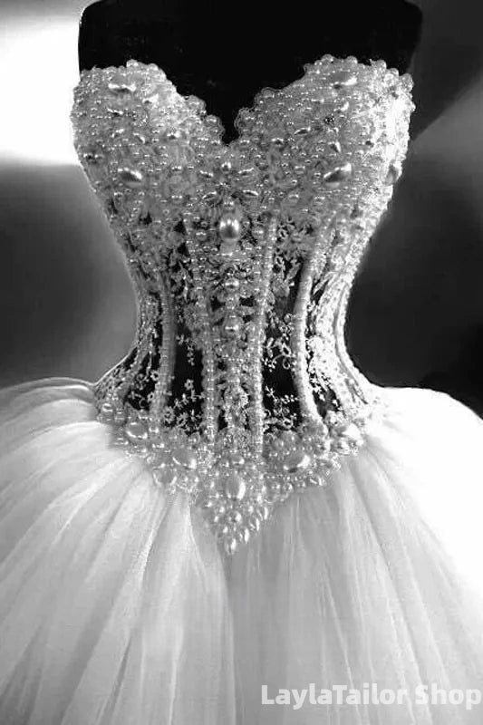 Luxury White Tulle Wedding Dresses Pearl Beaded Sweetheart Bridal Gown