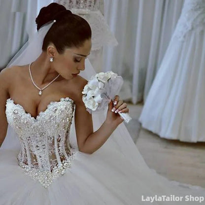 Luxury White Tulle Wedding Dresses Pearl Beaded Sweetheart Bridal Gown