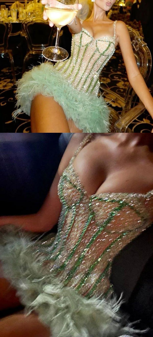Luxury Beaded Homecoming Dresses Feather Bodycon Party Dress,LTP3827
