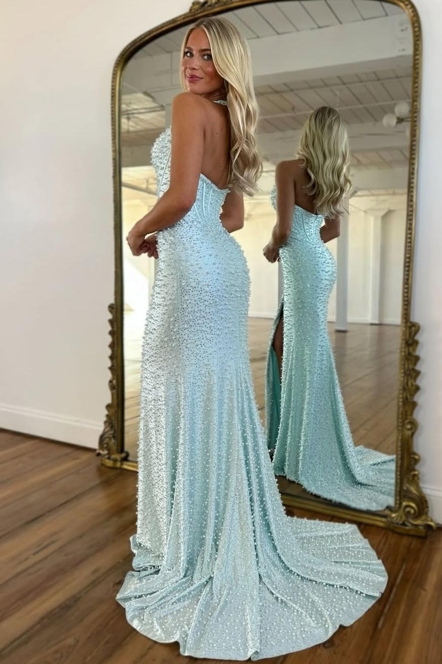 Luxury Light Blue Halter Neck Mermaid Pearl Beaded Prom Dress with High Slit
