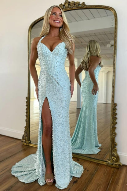 Luxury Light Blue Halter Neck Mermaid Pearl Beaded Prom Dress with High Slit