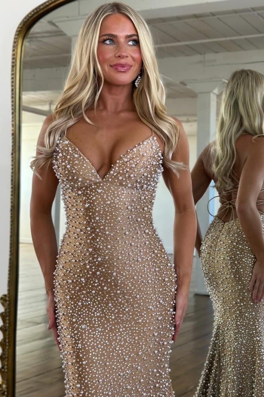 Glamorous Black Pearl Beaded Spaghetti Straps Mermaid Prom Dress
