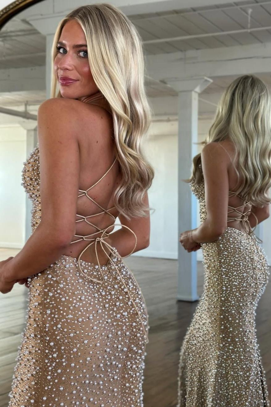 Glamorous Black Pearl Beaded Spaghetti Straps Mermaid Prom Dress