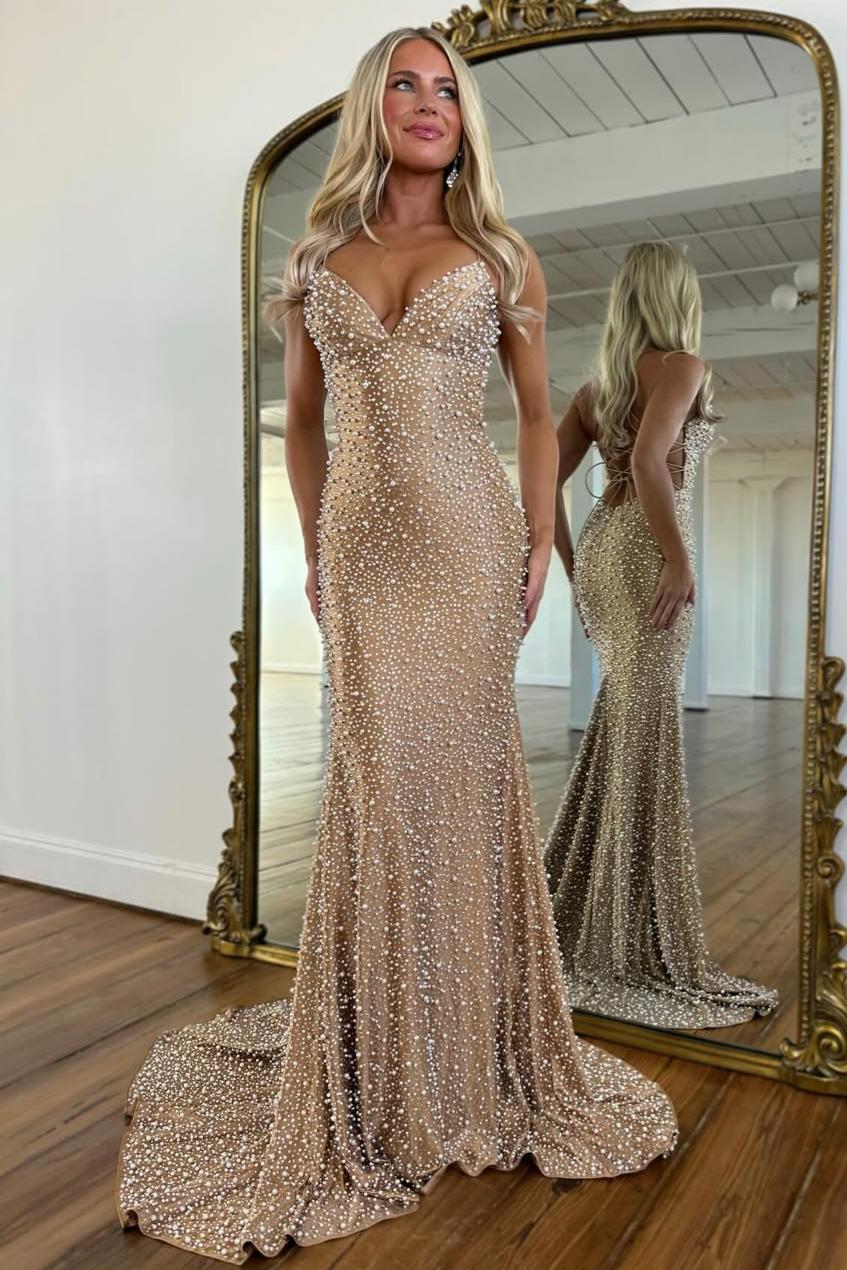 Glamorous Black Pearl Beaded Spaghetti Straps Mermaid Prom Dress
