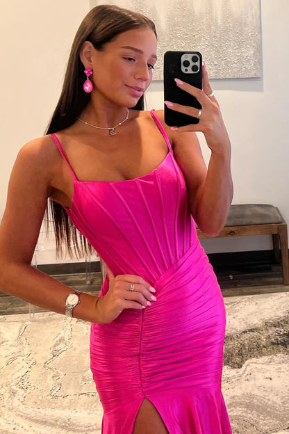 Hot Pink Spaghetti Straps Satin Evening Prom Dresses