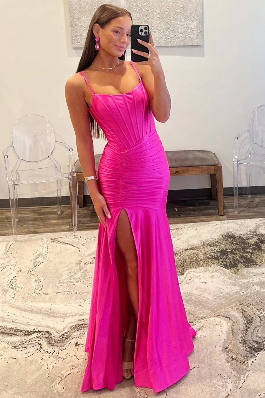 Hot Pink Spaghetti Straps Satin Evening Prom Dresses – Laylatailor Shop