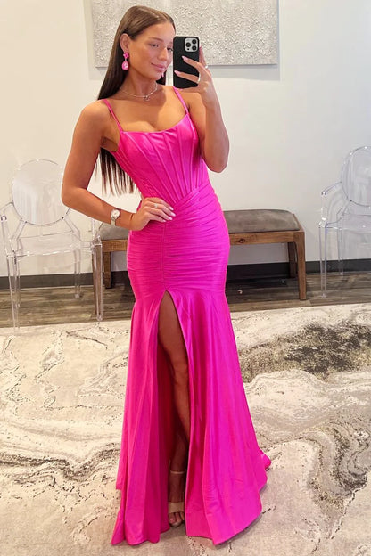 Hot Pink Spaghetti Straps Satin Evening Prom Dresses