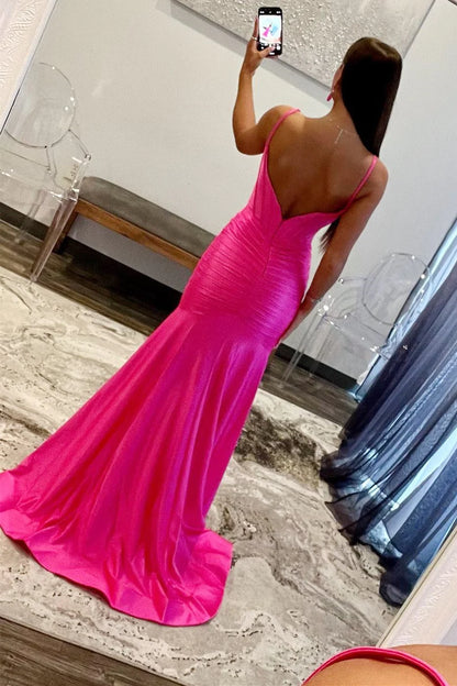 Hot Pink Spaghetti Straps Satin Evening Prom Dresses