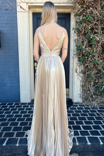 Sexy V-Neck Gold Pleated Sheath Long Formal Prom Dress