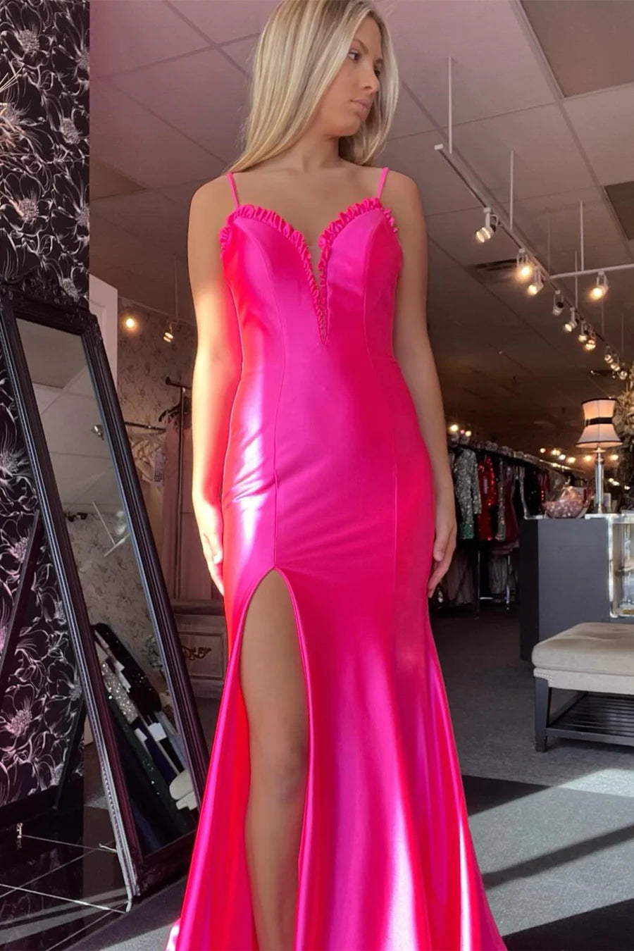 Hot Pink Bodycon Slit Lace Up Back Long Evening Prom Dresses