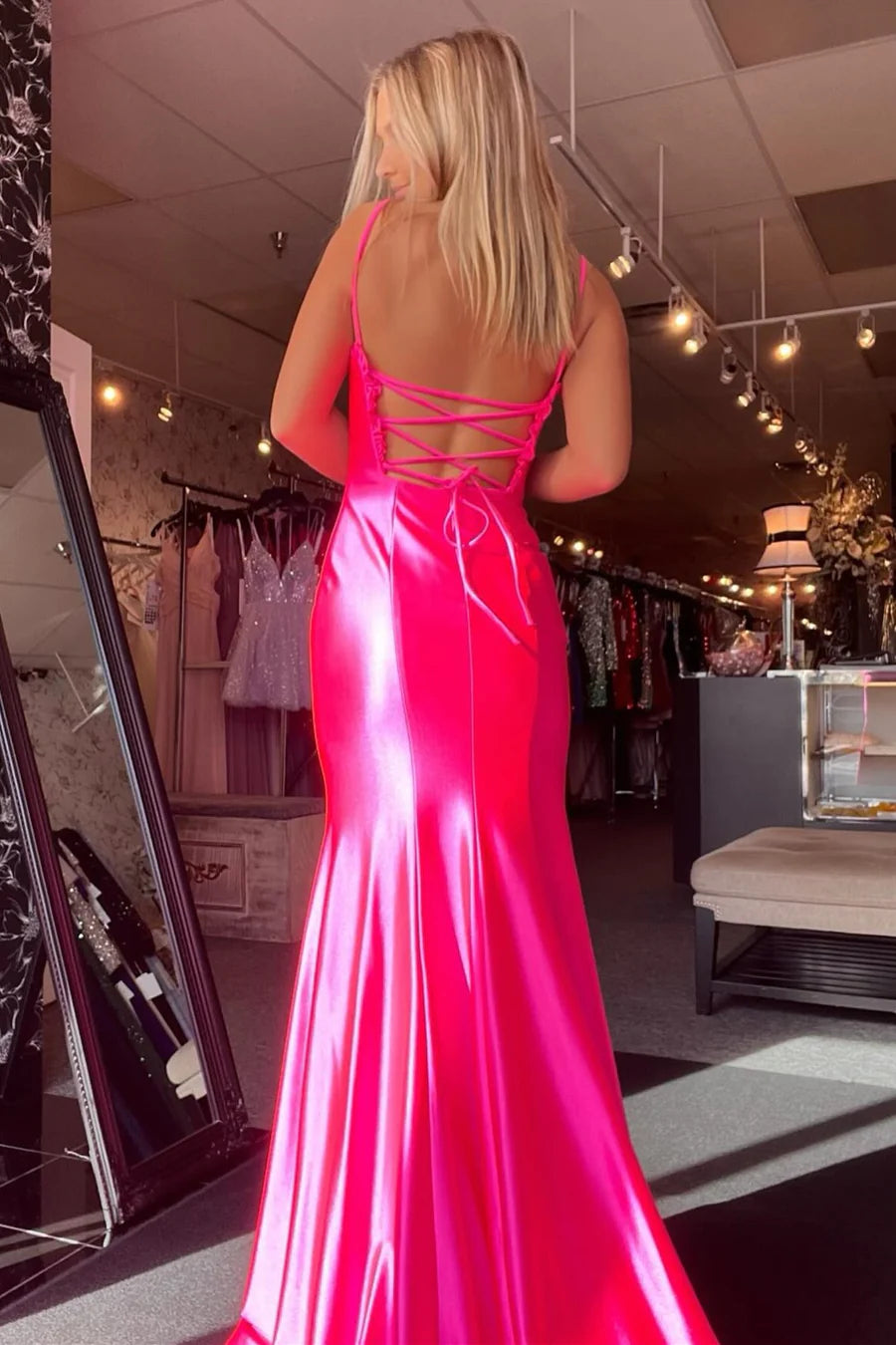 Hot Pink Bodycon Slit Lace Up Back Long Evening Prom Dresses