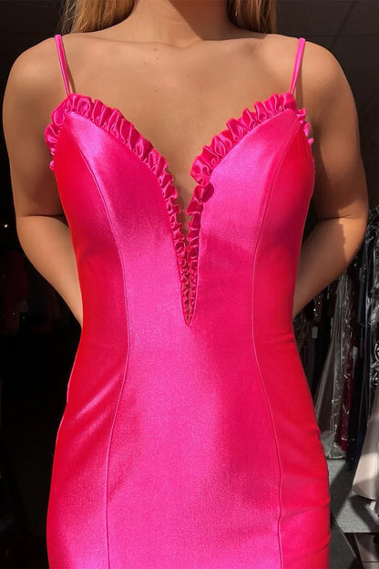 Hot Pink Bodycon Slit Lace Up Back Long Evening Prom Dresses