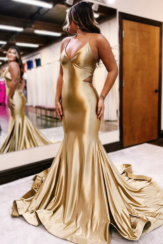 Gold Satin Mermaid Prom Dress With Cross Back