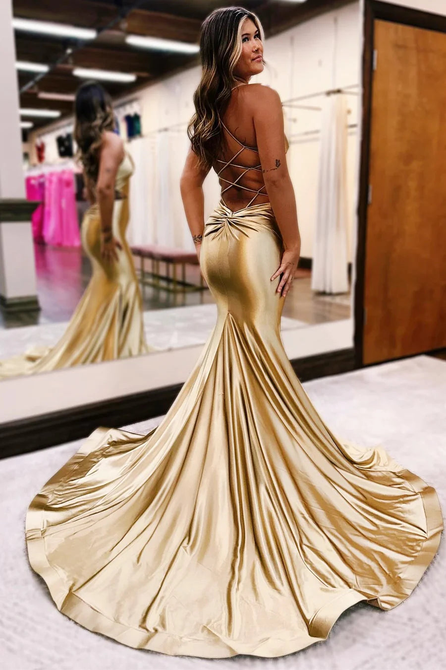 Gold Satin Mermaid Prom Dress With Cross Back