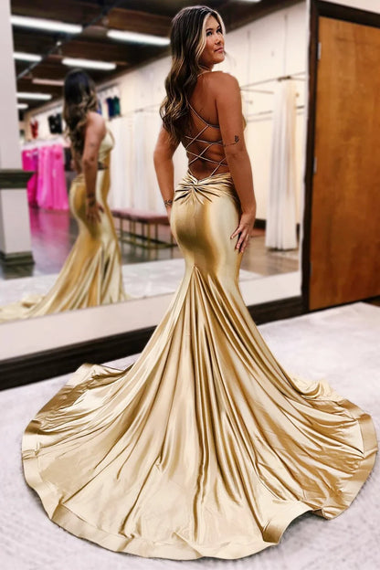 Gold Satin Mermaid Prom Dress With Cross Back