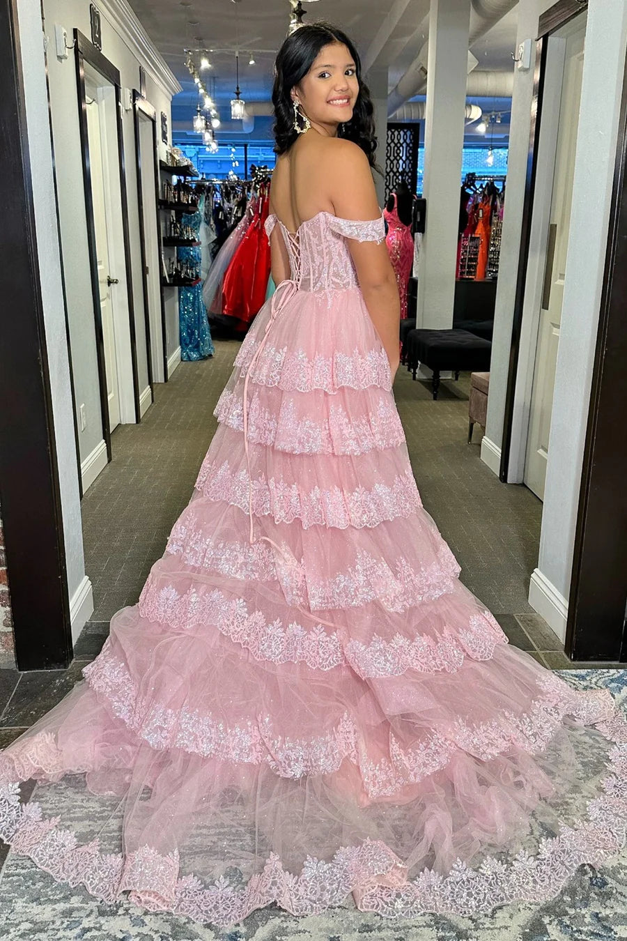 Off The Shoulder Pink Ruffles Long Prom Dress