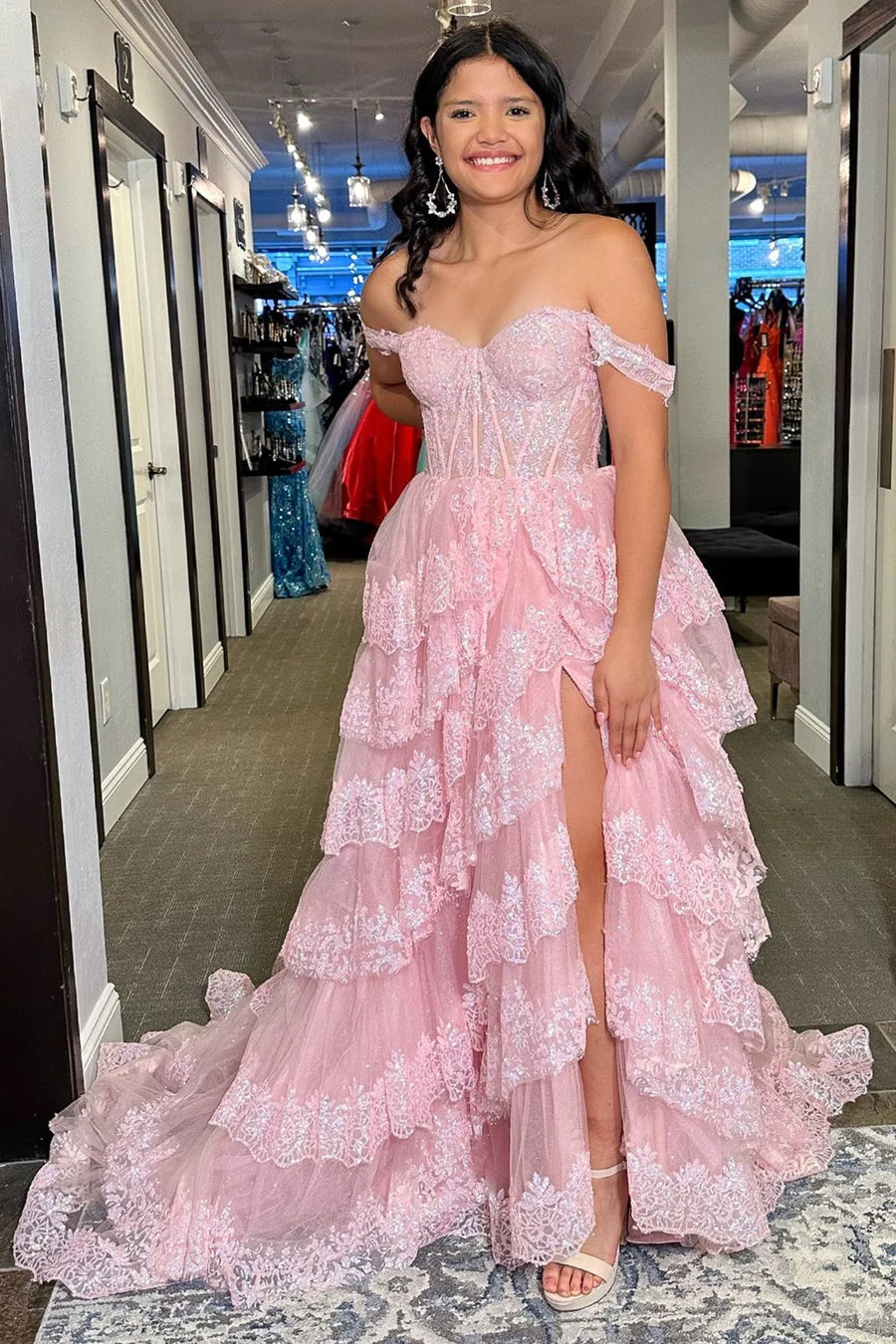 Off The Shoulder Pink Ruffles Long Prom Dress