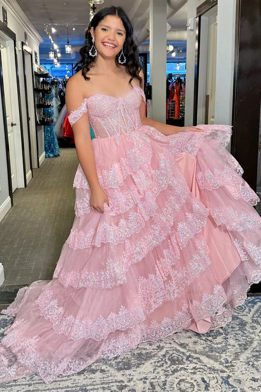 Off The Shoulder Pink Ruffles Long Prom Dress