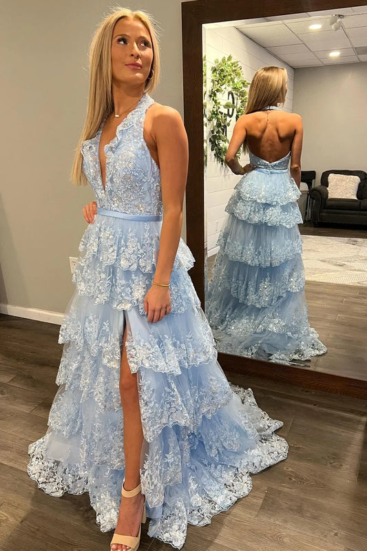 Halter Neck Light Blue Lace Ruffle Prom Dress