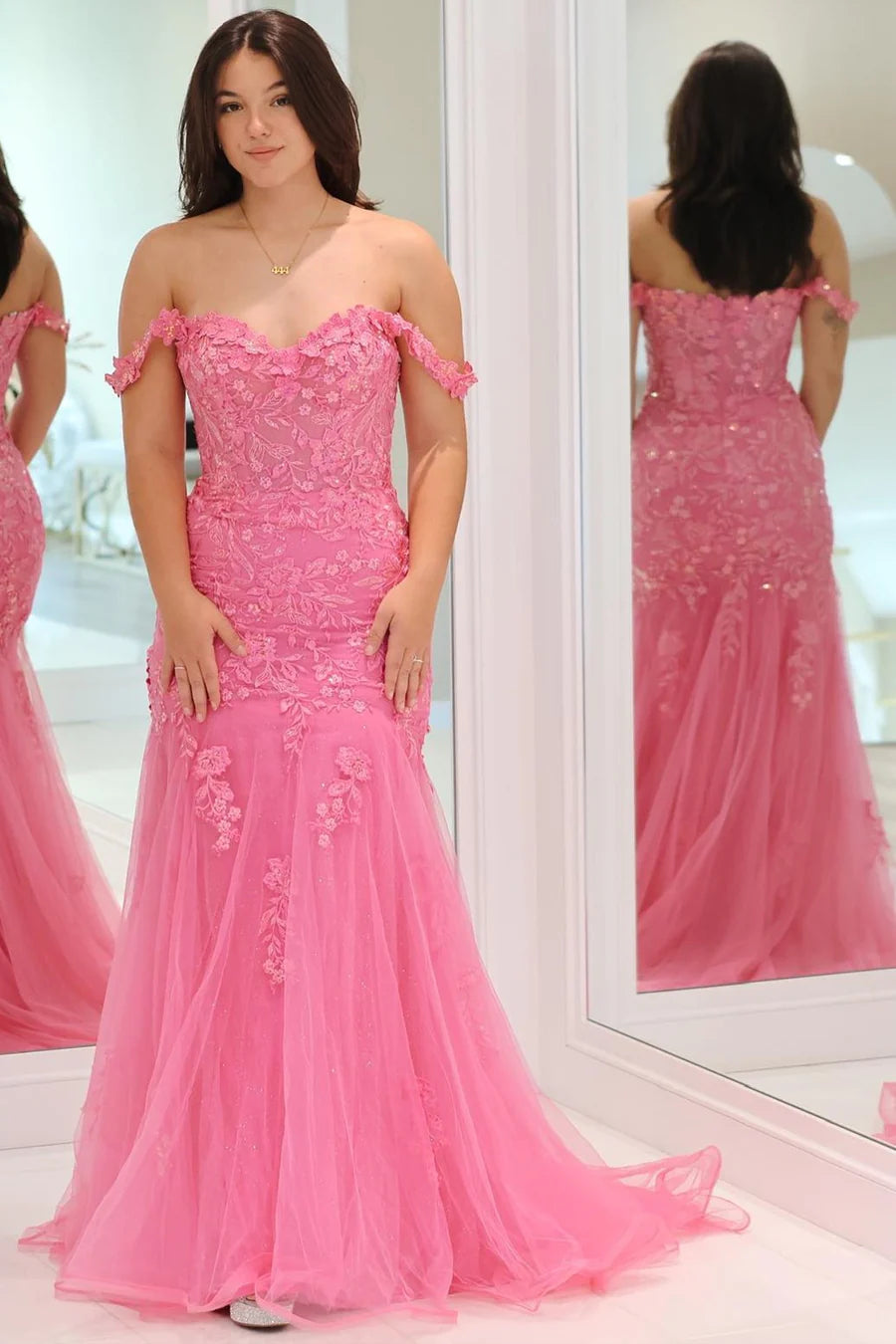 Pink Mermaid Appliques Tulle Prom Dress