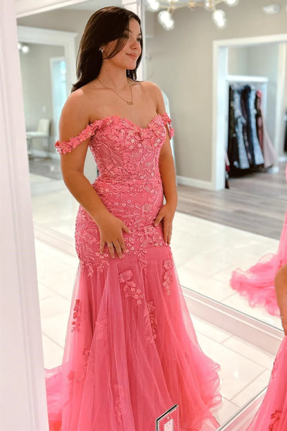 Pink Mermaid Appliques Tulle Prom Dress