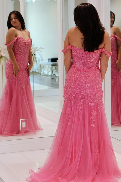 Pink Mermaid Appliques Tulle Prom Dress