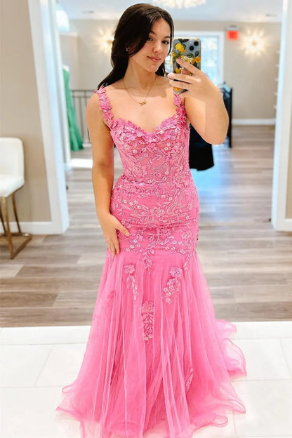 Pink Mermaid Appliques Tulle Prom Dress