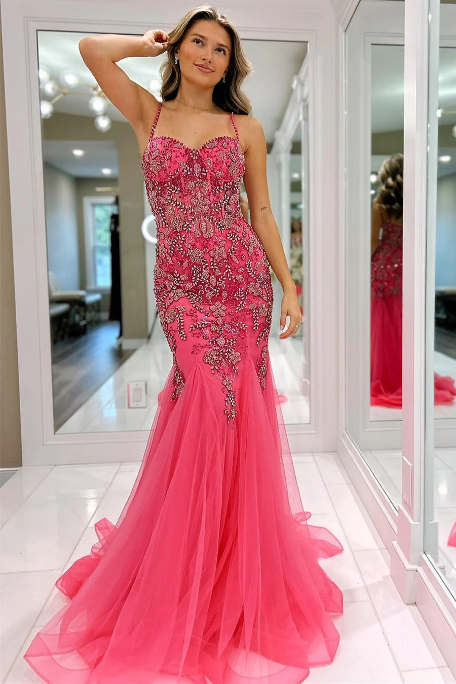 Spaghetti Straps Pink Applique Beaded Prom Dress