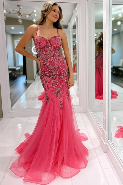 Spaghetti Straps Pink Applique Beaded Prom Dress