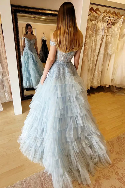 Light Blue Off The Shoulder Prom Dress With Ruffle Skirt