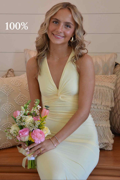 Yellow Halter V-Neck Twist Sleeveless Pleats Backless Long Dress