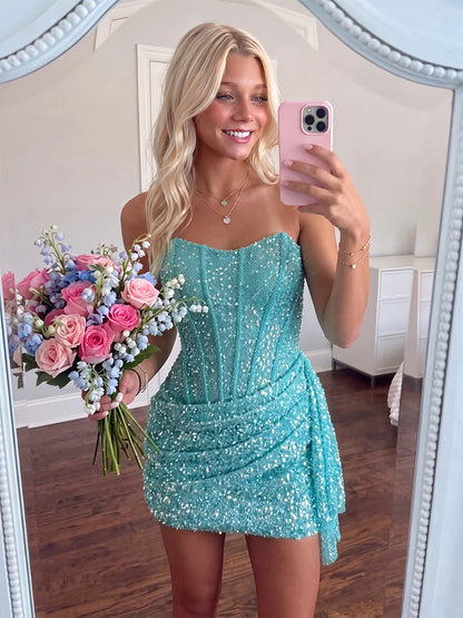 Strapless Homecoming Dresses Sky Blue Sequin Bodycon Homecoming Dress LTP82619