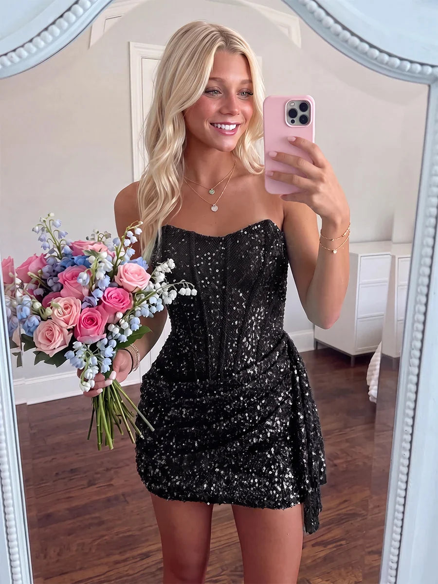 Strapless Homecoming Dresses Sky Blue Sequin Bodycon Homecoming Dress LTP82619