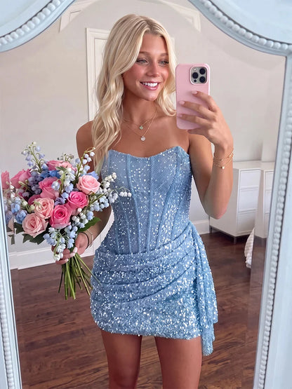 Strapless Homecoming Dresses Sky Blue Sequin Bodycon Homecoming Dress LTP82619