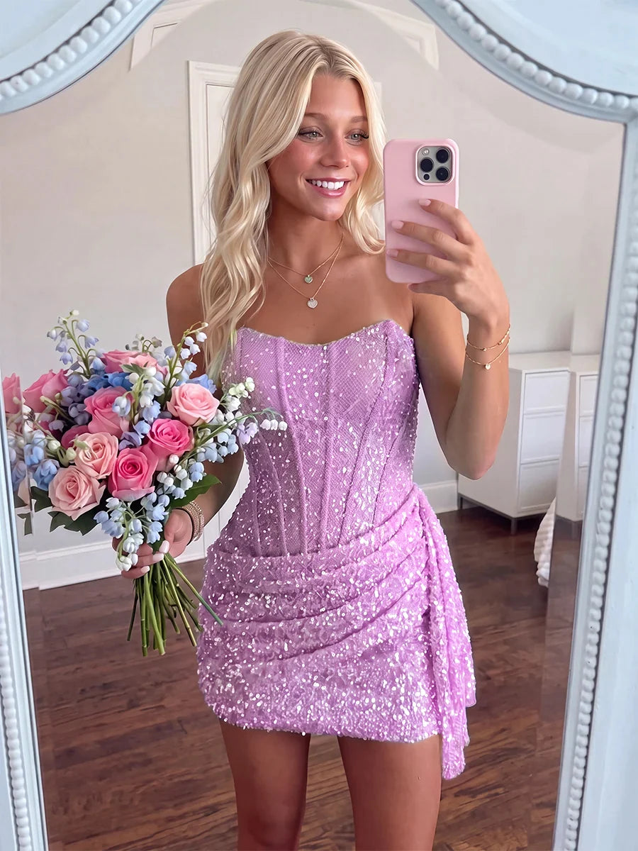 Strapless Homecoming Dresses Sky Blue Sequin Bodycon Homecoming Dress LTP82619