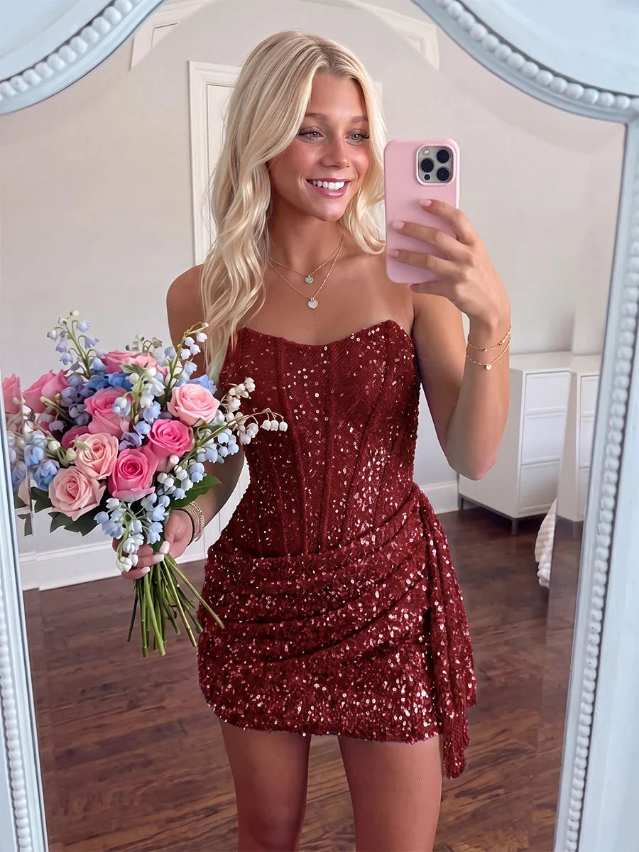 Strapless Homecoming Dresses Sky Blue Sequin Bodycon Homecoming Dress LTP82619