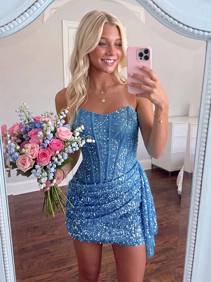 Strapless Homecoming Dresses Sky Blue Sequin Bodycon Homecoming Dress LTP82619