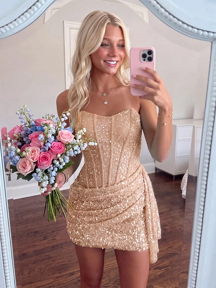 Strapless Homecoming Dresses Sky Blue Sequin Bodycon Homecoming Dress LTP82619