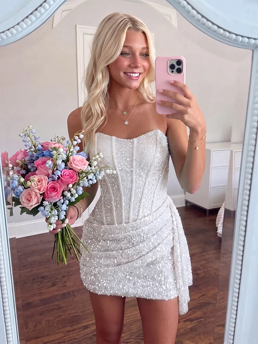 Strapless Homecoming Dresses Sky Blue Sequin Bodycon Homecoming Dress LTP82619