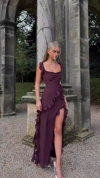 Maroon Chiffon Ruffle Prom Dresses Sexy Party Dress With Slit,LTP4154