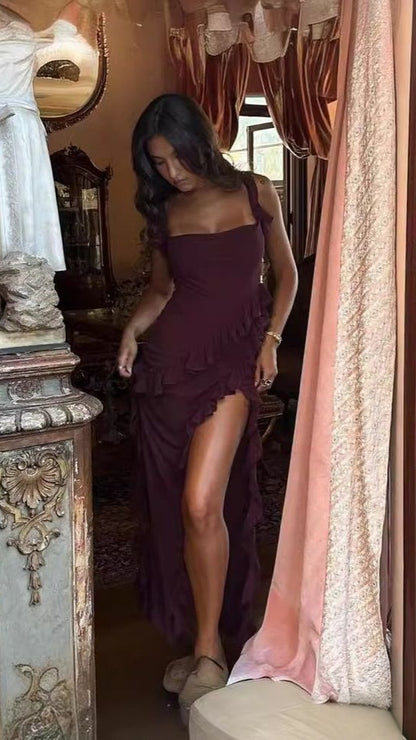 Maroon Chiffon Ruffle Prom Dresses Sexy Party Dress With Slit,LTP4154