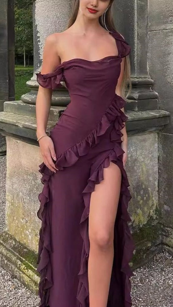 Maroon Chiffon Ruffle Prom Dresses Sexy Party Dress With Slit,LTP4154