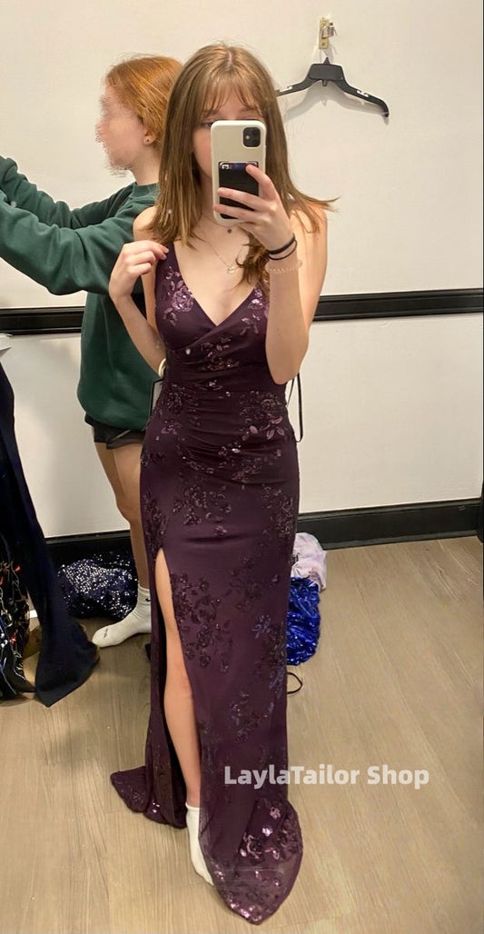 Maroon Sequin Lace Mermaid Prom Formal Dress With Slit,LTP4542