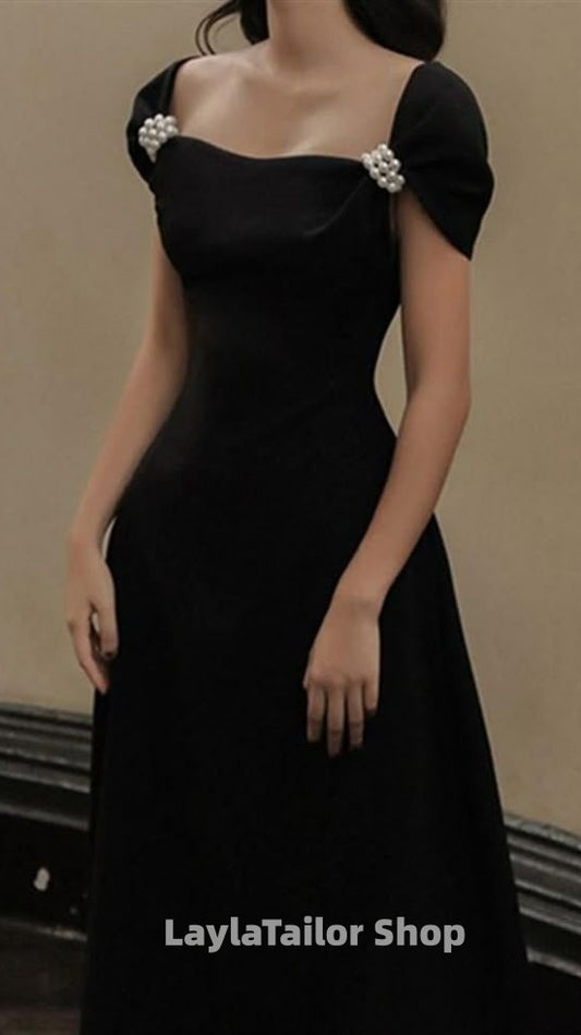 Medieval Black A-Line Pearl Party Dress,LTP4489