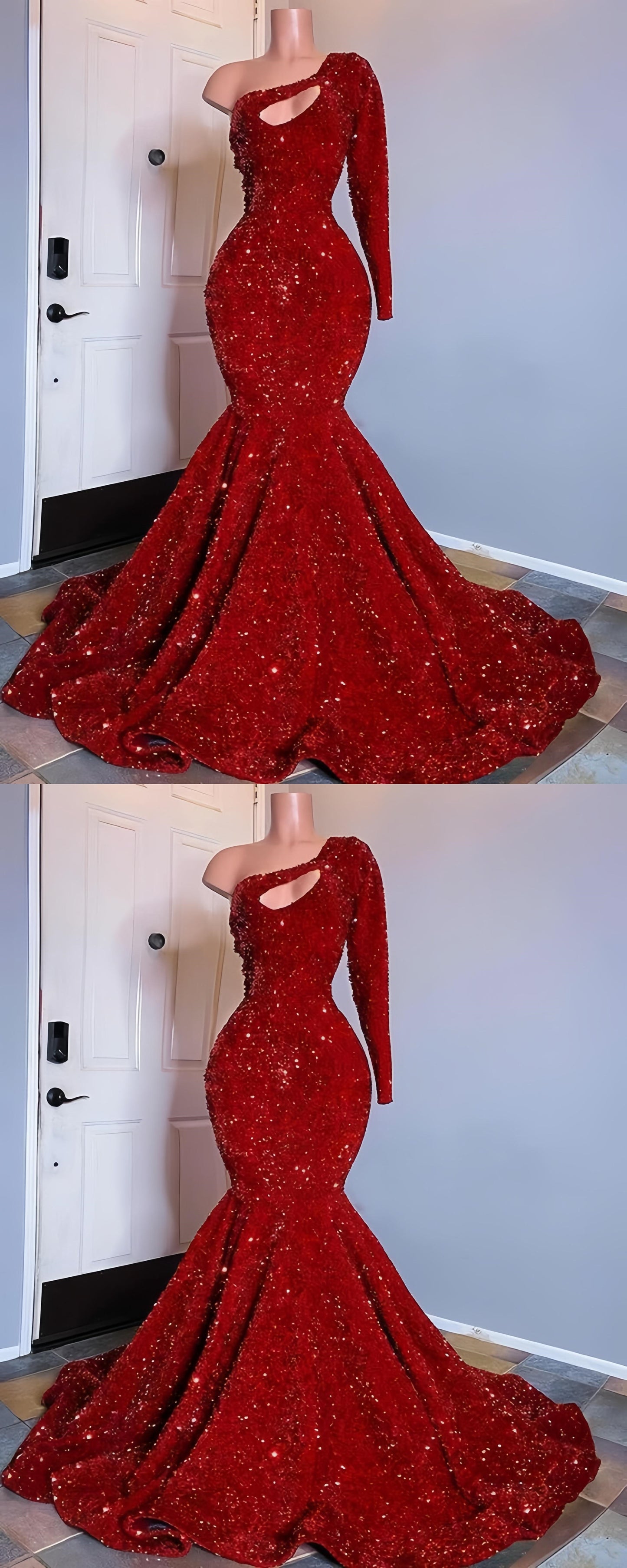 Mermaid Red Sequin Prom Dresses Trumpet One Sleeve Evening Party Dress,LTP4062