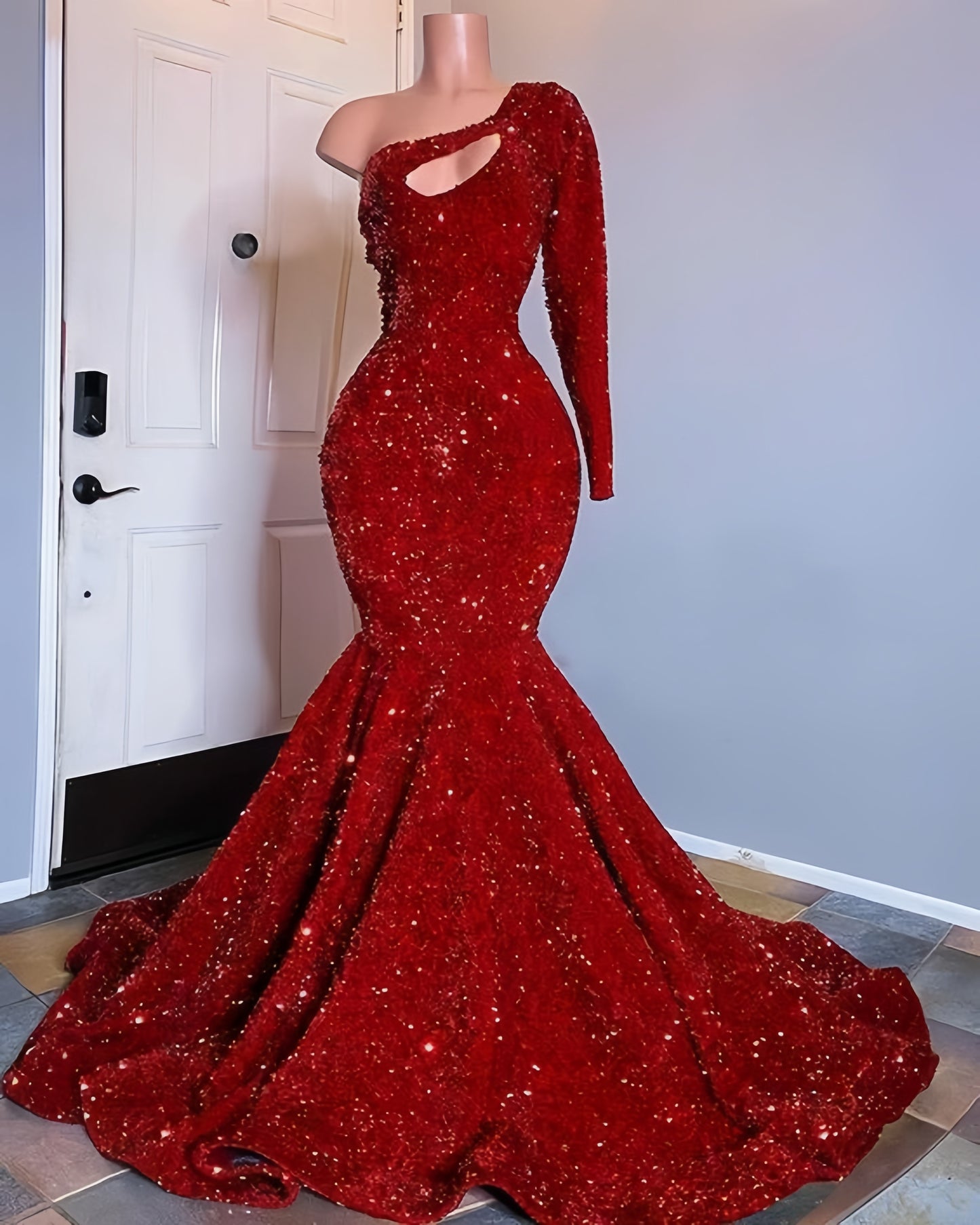 Mermaid Red Sequin Prom Dresses Trumpet One Sleeve Evening Party Dress,LTP4062