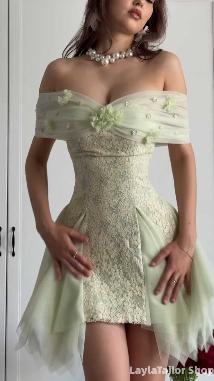 Mint Green Lace Homecoming Dress Off The Shoulder Floral Dress