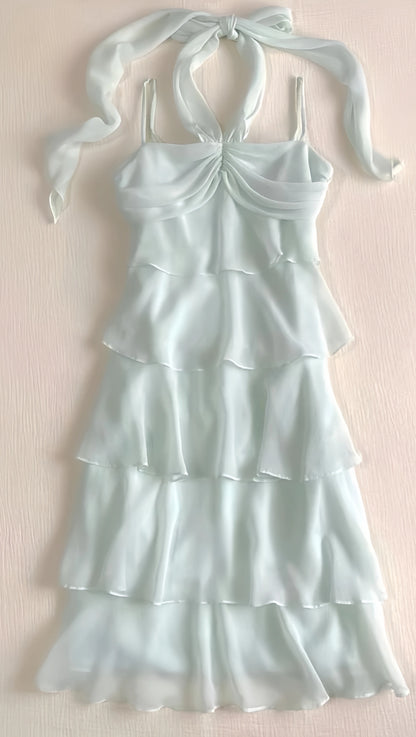 Mint Green Tie Halter Homecoming Dresses Tiered Ruched Chiffon Party Dress,LTP3857