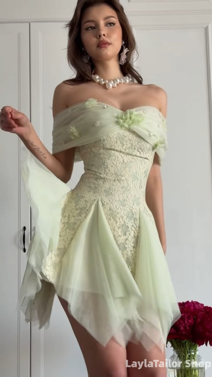 Mint Green Lace Homecoming Dress Off The Shoulder Floral Dress